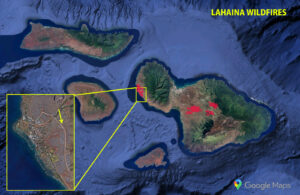 マウイ島とラハイナ（赤い部分は被災地域）