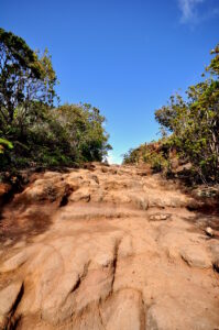 赤土の滑りやすい傾斜道